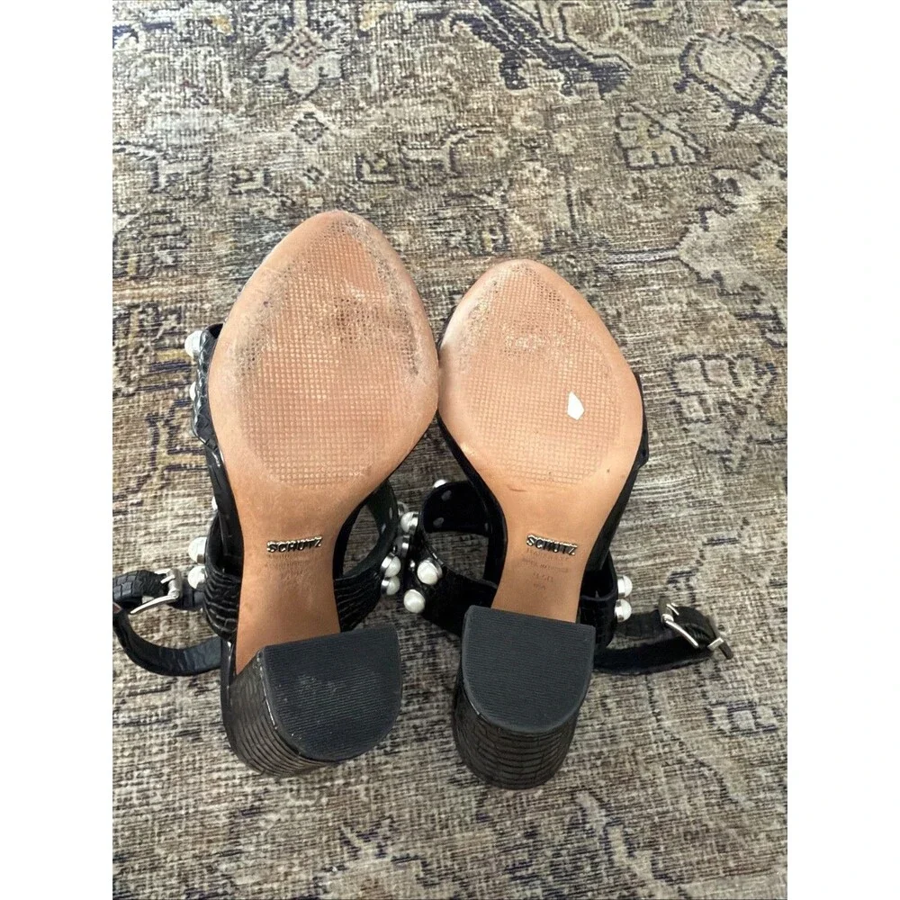 Schutz Zarita Sandals 9.5 Black Croc Embossed Leather Pearl Stud Slingback Heels